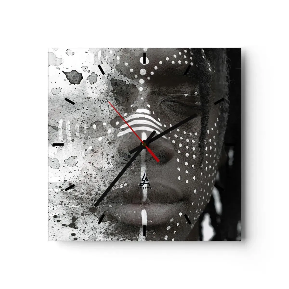 Reloj de pared - Reloj de vidrio - Retrato artístico de rostro con patrones abstractos blancos. - 30x30cm - Descubrimiento del espíritu original - Decoración de pared moderna para salón y dormitorio ARTTOR