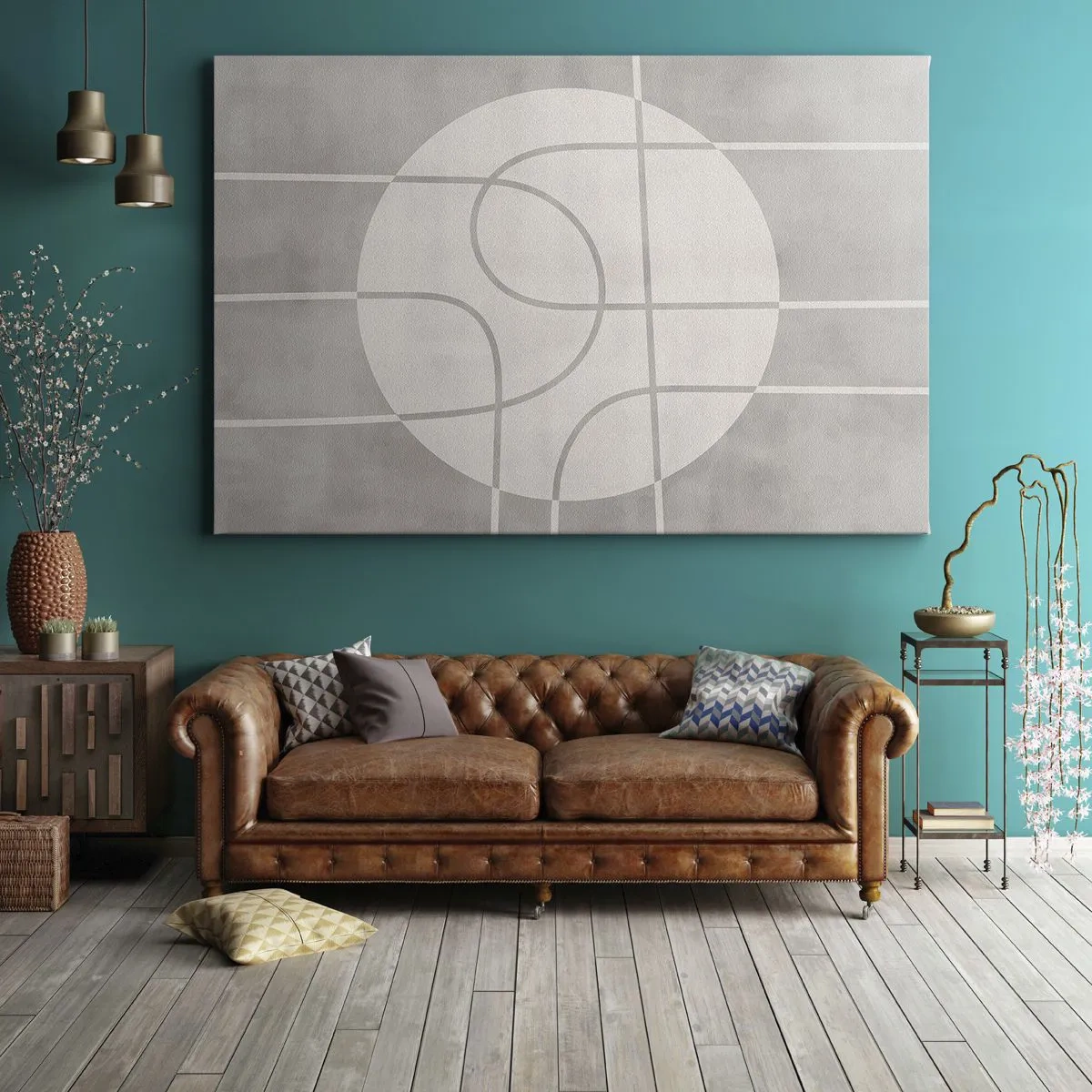 Cuadro sobre lienzo - Impresión de Imagen - Patrón geométrico en tonos grises y blancos. - 70x50cm - Circular y rectilíneo - Decoración de pared moderna para salón y dormitorio ARTTOR