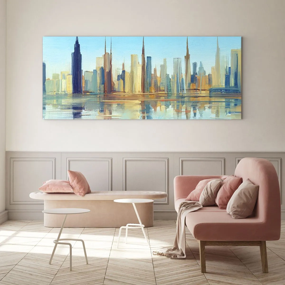 Cuadro sobre vidrio - Impresiones sobre Vidrio - Un panorama de la ciudad en colores cálidos con reflejo en el agua. - 160x50cm - Metrópolis soleada - Decoración de pared moderna para salón y dormitorio ARTTOR