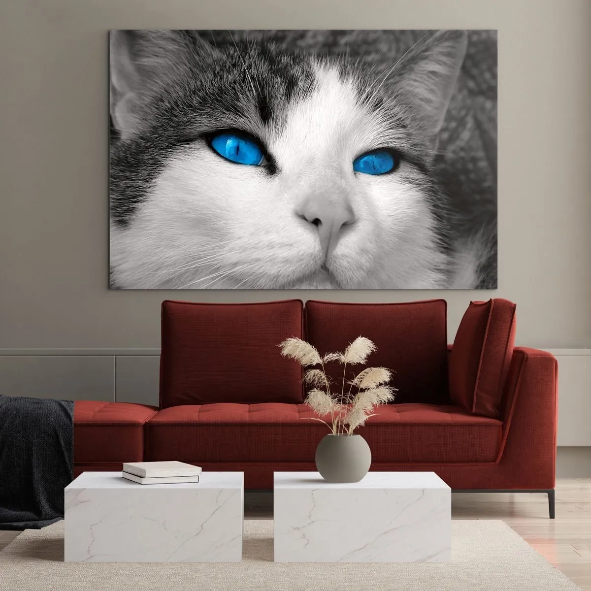 Cuadro sobre vidrio - Impresiones sobre Vidrio - Una fotografía en blanco y negro de un gato con ojos azules intensos. - 70x50cm - Inusual de ojos azules - Decoración de pared moderna para salón y dormitorio ARTTOR