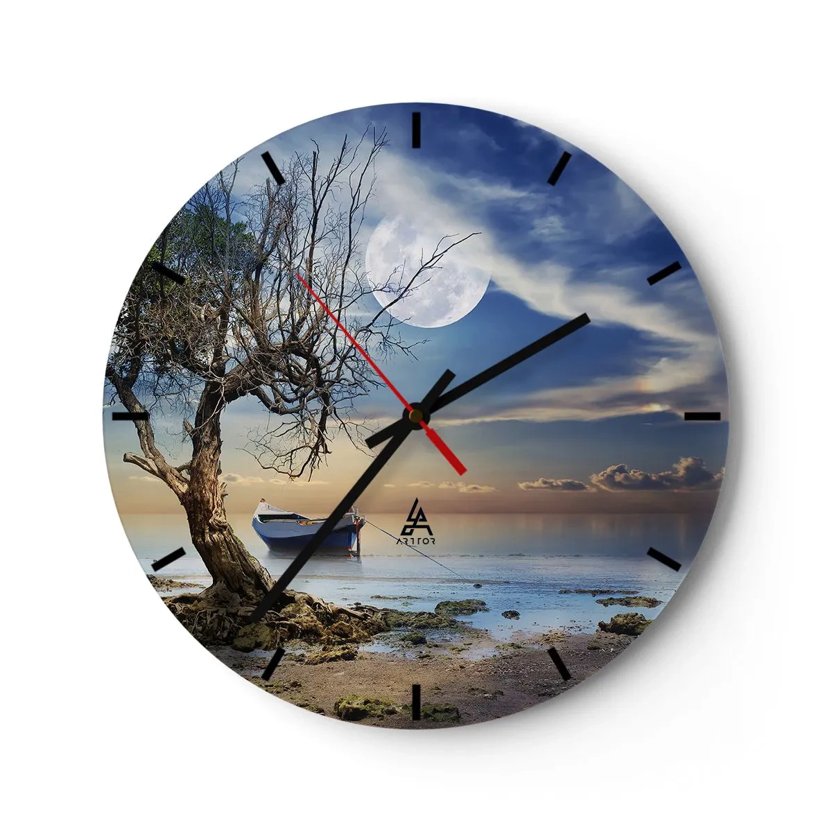 Reloj de pared - Reloj de vidrio - Un barco en la orilla con la luna al fondo. - 30x30cm - ¿Es el final o el principio? - Decoración de pared moderna para salón, cocina y dormitorio ARTTOR