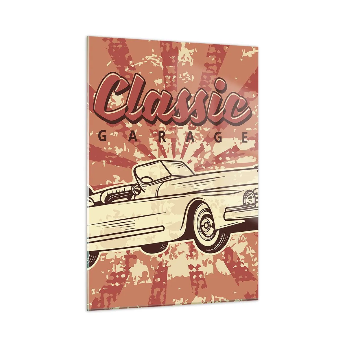 Cuadro sobre vidrio - Impresiones sobre Vidrio - Gráfico retro de un coche clásico sobre un fondo de rayos. - 50x70cm - Y Elvis en la radio - Decoración de pared moderna para salón y dormitorio ARTTOR