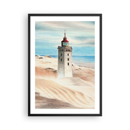 Póster en marco negro - Un faro con el telón de fondo de dunas de arena y un cielo azul. - 50x70cm - Siempre mirando al mar - Decoración de pared moderna para salón y dormitorio ARTTOR