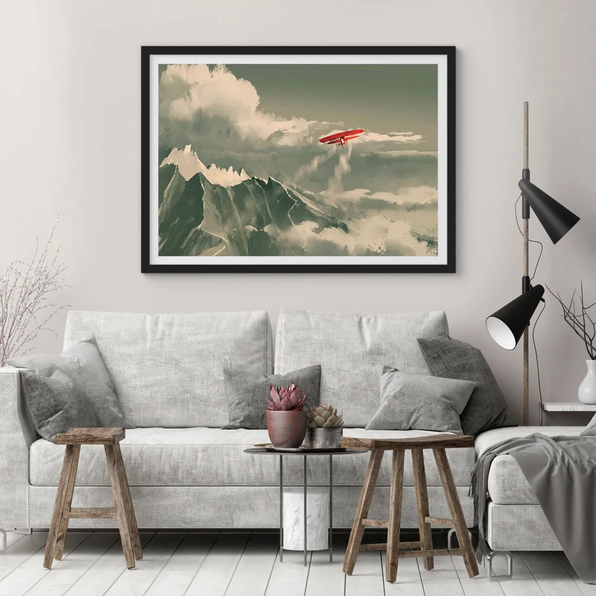 Póster en marco negro - Avión rojo sobre montañas nevadas - 70x50cm - Pionero sin miedo - Decoración de pared moderna para salón y dormitorio ARTTOR