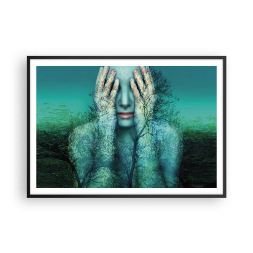 Póster en marco negro - Figura de mujer con motivo de árbol sobre un fondo de paisaje turquesa. - 100x70cm - Sumergida en azul - Decoración de pared moderna para salón y dormitorio ARTTOR