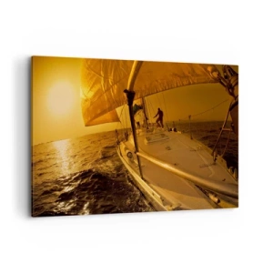 Cuadro sobre lienzo - Impresión de Imagen - Velero en el mar durante la puesta de sol, resplandor dorado. - 120x80cm - Atardecer dorado tras un día multicolor - Decoración de pared moderna para salón y dormitorio ARTTOR