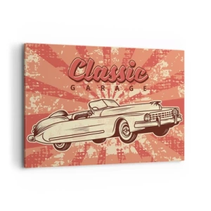 Cuadro sobre lienzo - Impresión de Imagen - Póster retro con un coche clásico y las palabras Classic Garage - 100x70cm - Y Elvis en la radio - Decoración de pared moderna para salón y dormitorio ARTTOR