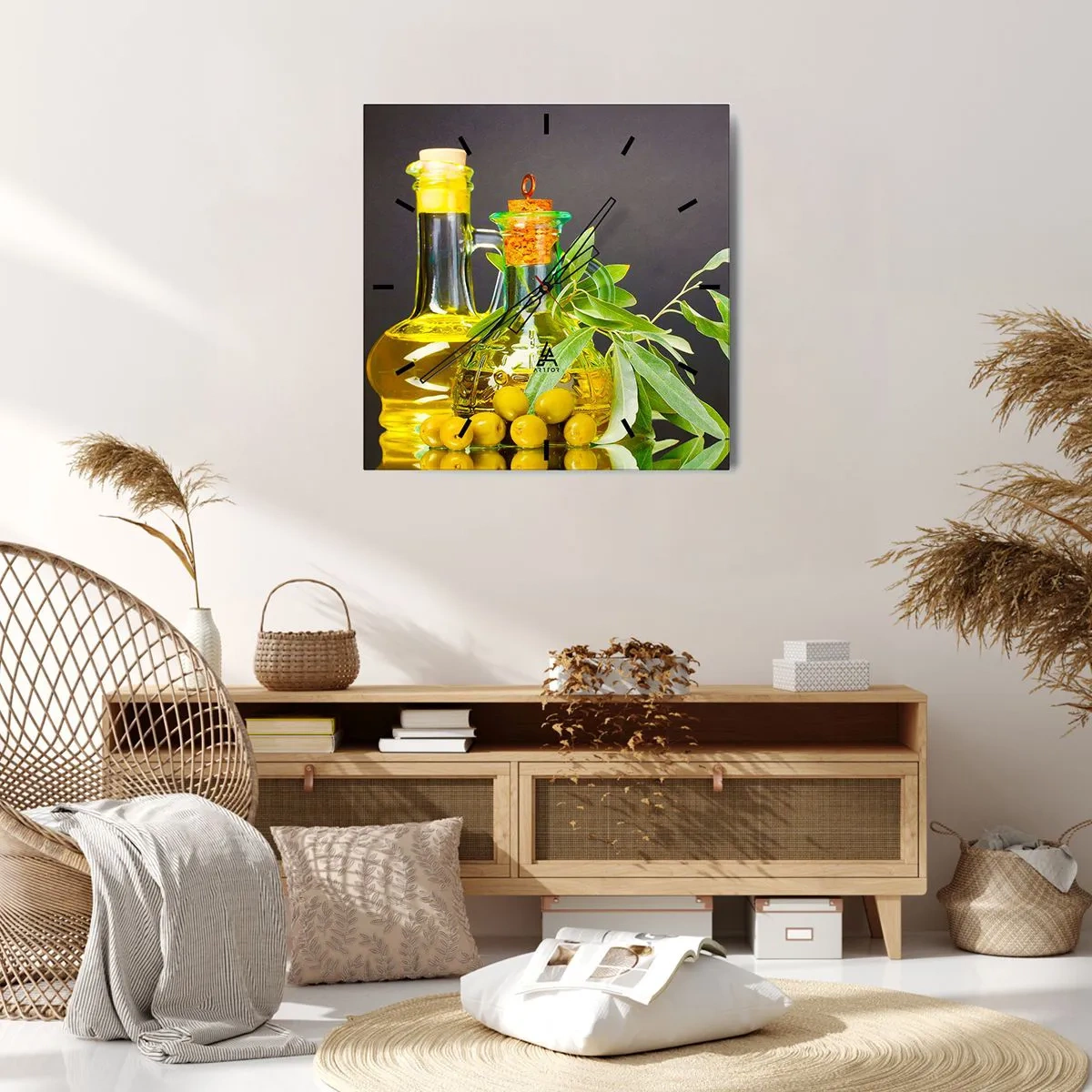 Reloj de pared - Reloj de vidrio - Botellas de aceite de oliva y ramas de olivo - 30x30cm - Bodegón con aceitunas y aceite - Decoración de pared moderna para salón y dormitorio ARTTOR