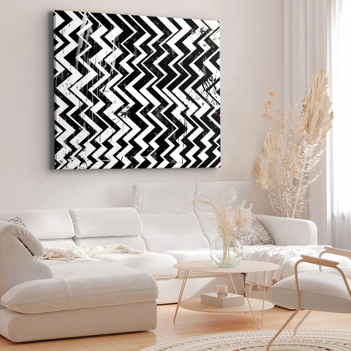 Cuadro sobre lienzo - Impresión de Imagen - Patrón en zigzag en blanco y negro con abrasiones artísticas - 70x50cm - Zig-blanco, zag-negro - Decoración de pared moderna para salón y dormitorio ARTTOR