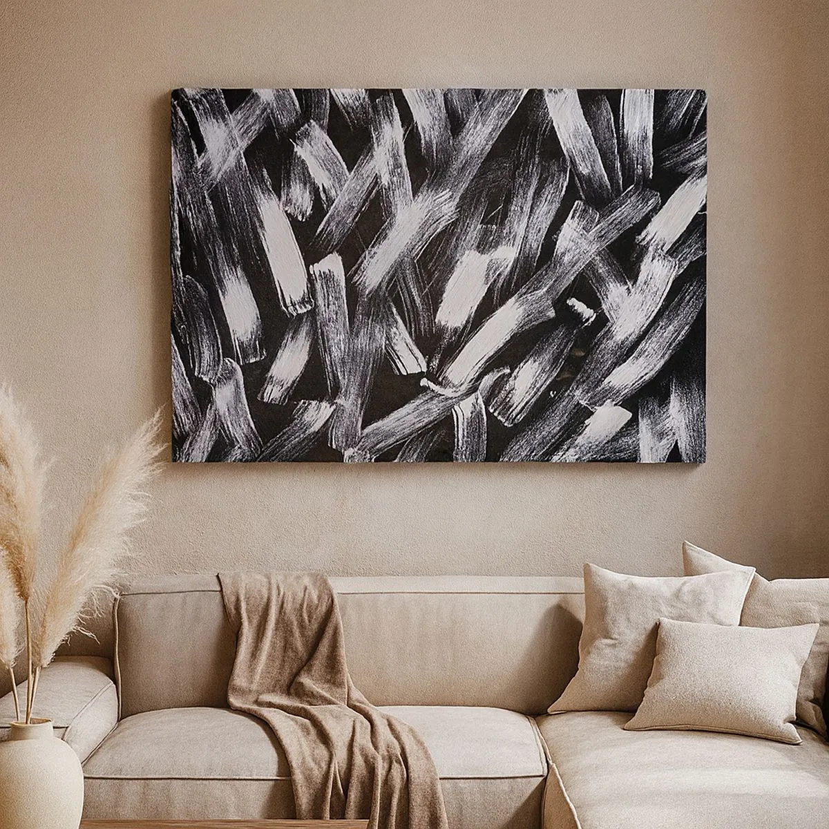Cuadro sobre lienzo - Impresión de Imagen - Abstracción dinámica con pinceladas blancas sobre fondo negro. - 70x50cm - Abstracción en el espíritu industrial - Decoración de pared moderna para salón y dormitorio ARTTOR