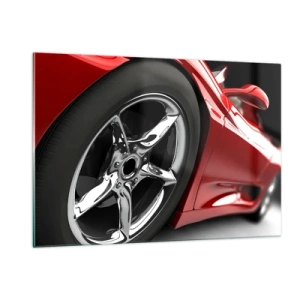 Cuadro sobre vidrio - Impresiones sobre Vidrio - Detalle de un coche deportivo rojo con llanta cromada. - 120x80cm - Creado para la velocidad - Decoración de pared moderna para salón y dormitorio ARTTOR
