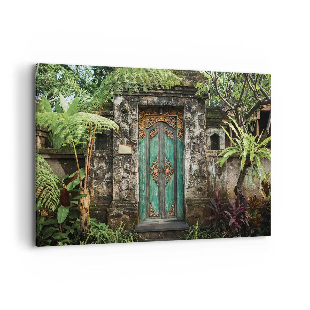 Cuadro sobre lienzo - Impresión de Imagen - Puertas decorativas rodeadas de vegetación tropical. - 120x80cm - Una puerta a un mundo exótico - Decoración de pared moderna para salón y dormitorio ARTTOR