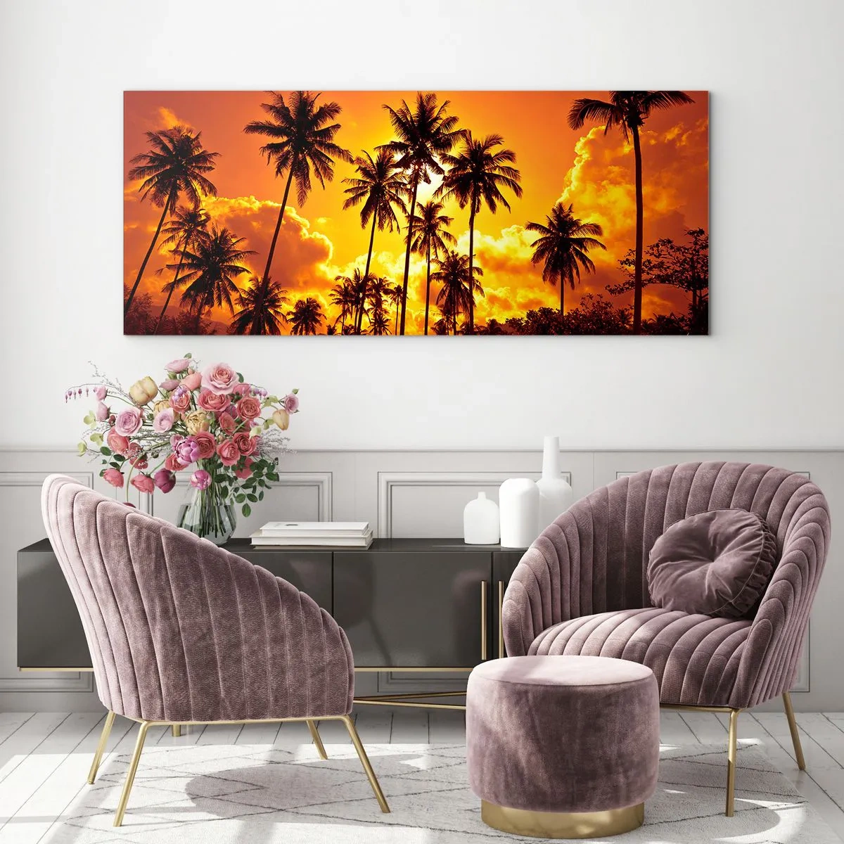 Cuadro sobre vidrio - Impresiones sobre Vidrio - Palmeras contra un cielo dorado durante una puesta de sol tropical - 160x50cm - Las montañas arden, los bosques arden - Decoración de pared moderna para salón y dormitorio ARTTOR