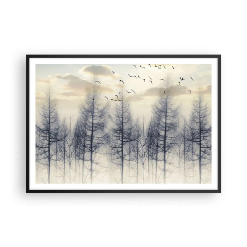 Póster en marco negro - Bosque brumoso con pájaros contra el cielo del atardecer - 100x70cm - Espíritus del bosque - Decoración de pared moderna para salón y dormitorio ARTTOR