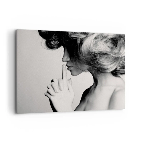 Cuadro sobre lienzo - Impresión de Imagen - Perfil en blanco y negro de una mujer haciendo un gesto de silencio. - 120x80cm - Escucharme a mí misma - Decoración de pared moderna para salón y dormitorio ARTTOR
