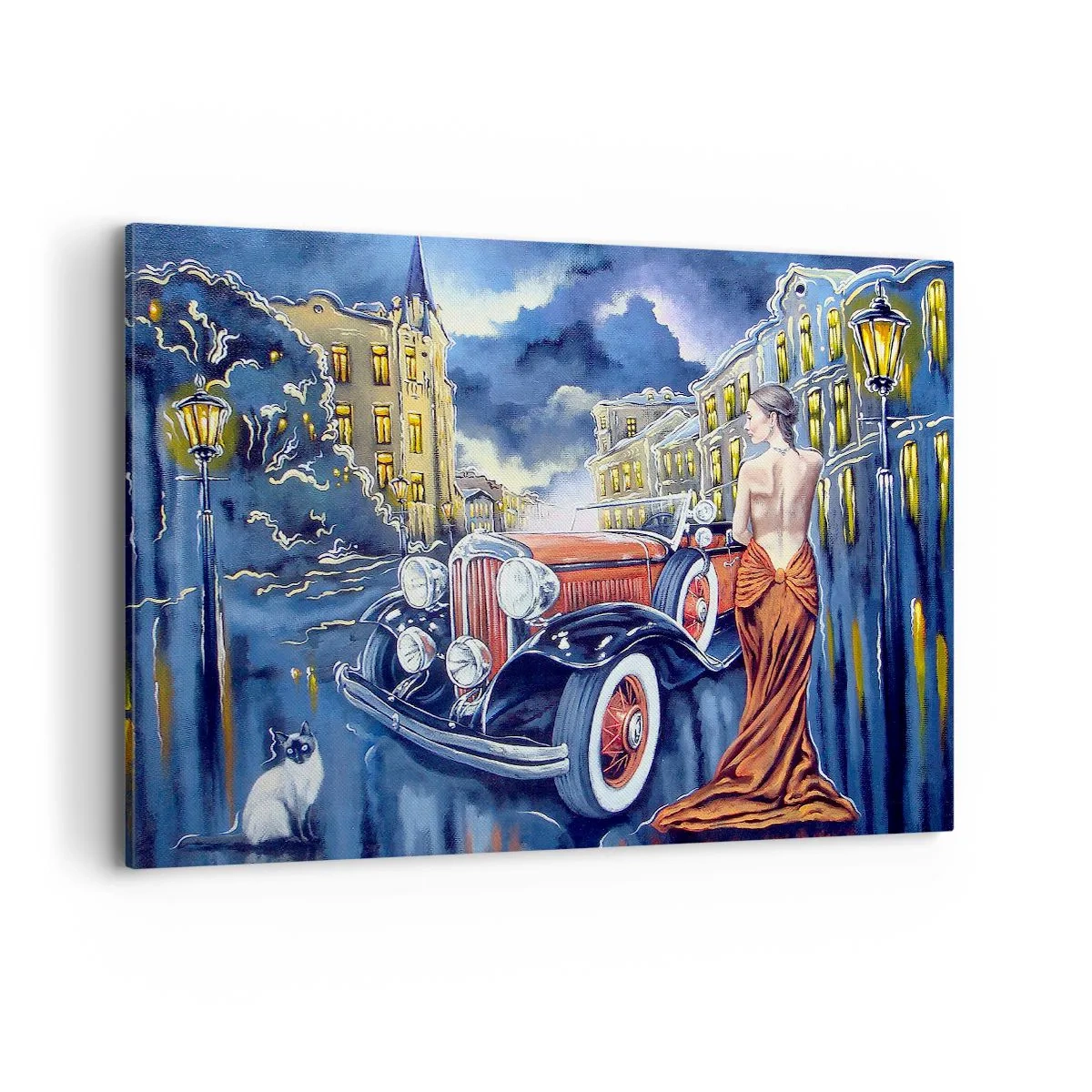 Cuadro sobre lienzo - Impresión de Imagen - Una mujer con un vestido elegante junto a un coche retro por la noche. - 120x80cm - Noche de romanticismo - Decoración de pared moderna para salón y dormitorio ARTTOR