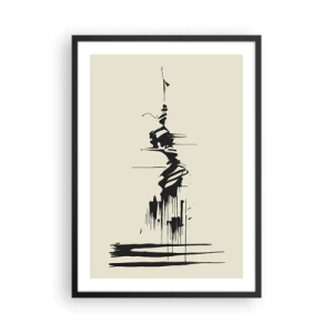 Póster en marco negro - Un dibujo abstracto de una figura sobre un fondo de líneas onduladas. - 50x70cm - Abstracción apresurada - Decoración de pared moderna para salón y dormitorio ARTTOR