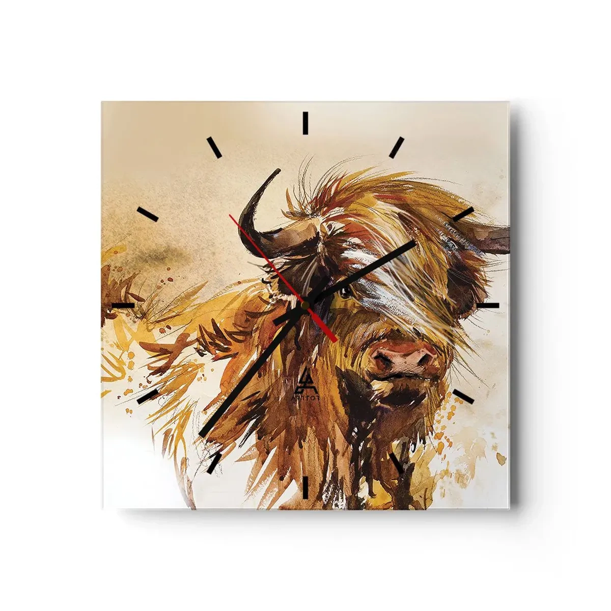 Reloj de pared - Reloj de vidrio - Retrato de un toro en estilo artístico de acuarela. - 30x30cm - El orgullo del líder - Decoración de pared moderna para salón y dormitorio ARTTOR