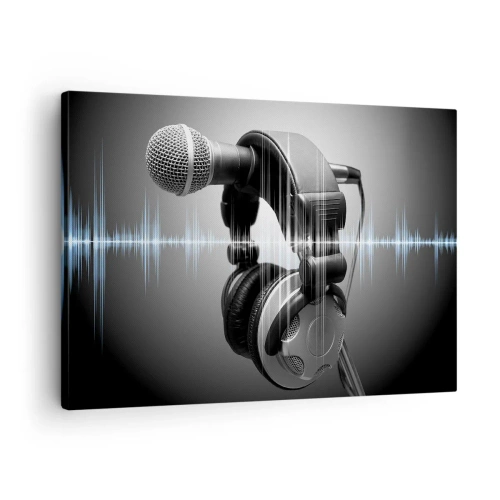 Cuadro sobre lienzo - Impresión de Imagen - Micrófono y auriculares con visualización de ondas sonoras de fondo. - 70x50cm - Todavía se puede escuchar el canto - Decoración de pared moderna para salón y dormitorio ARTTOR