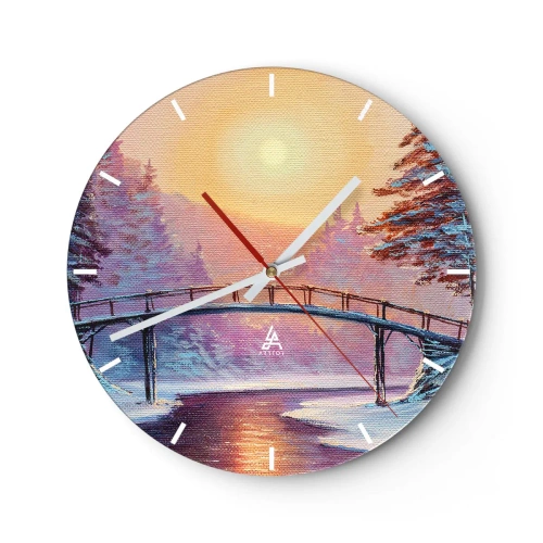 Reloj de pared - Reloj de vidrio - Un puente sobre un río al atardecer en un paisaje invernal. - 30x30cm - Las cuatro estaciones: el invierno - Decoración de pared moderna para salón, cocina y dormitorio ARTTOR