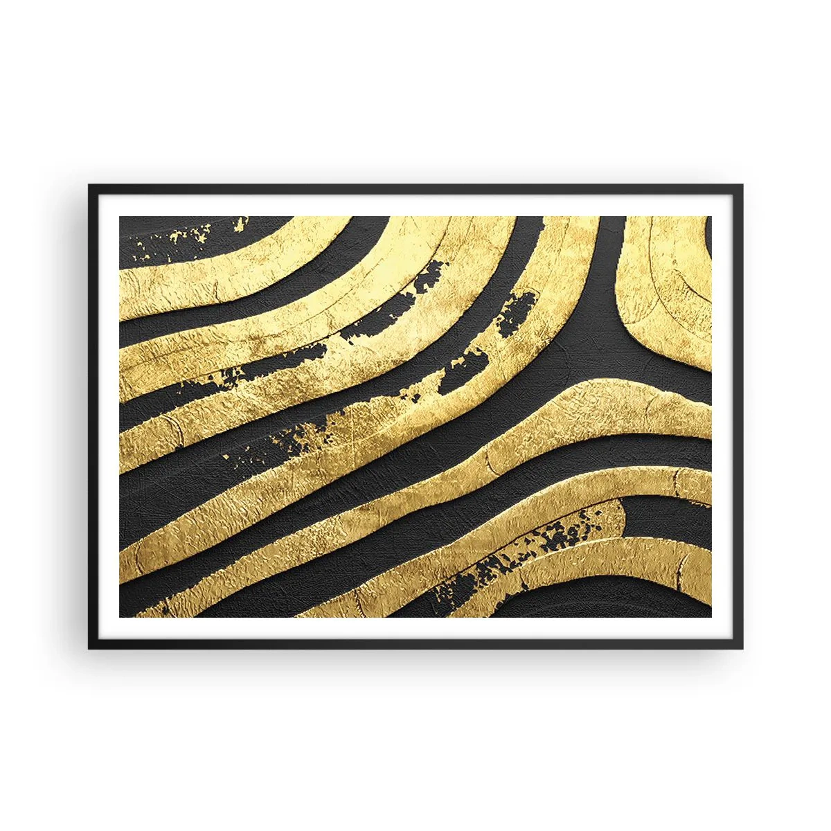 Póster en marco negro - Ondas abstractas doradas sobre un fondo negro - 100x70cm - Todo fluye - Decoración de pared moderna para salón y dormitorio ARTTOR