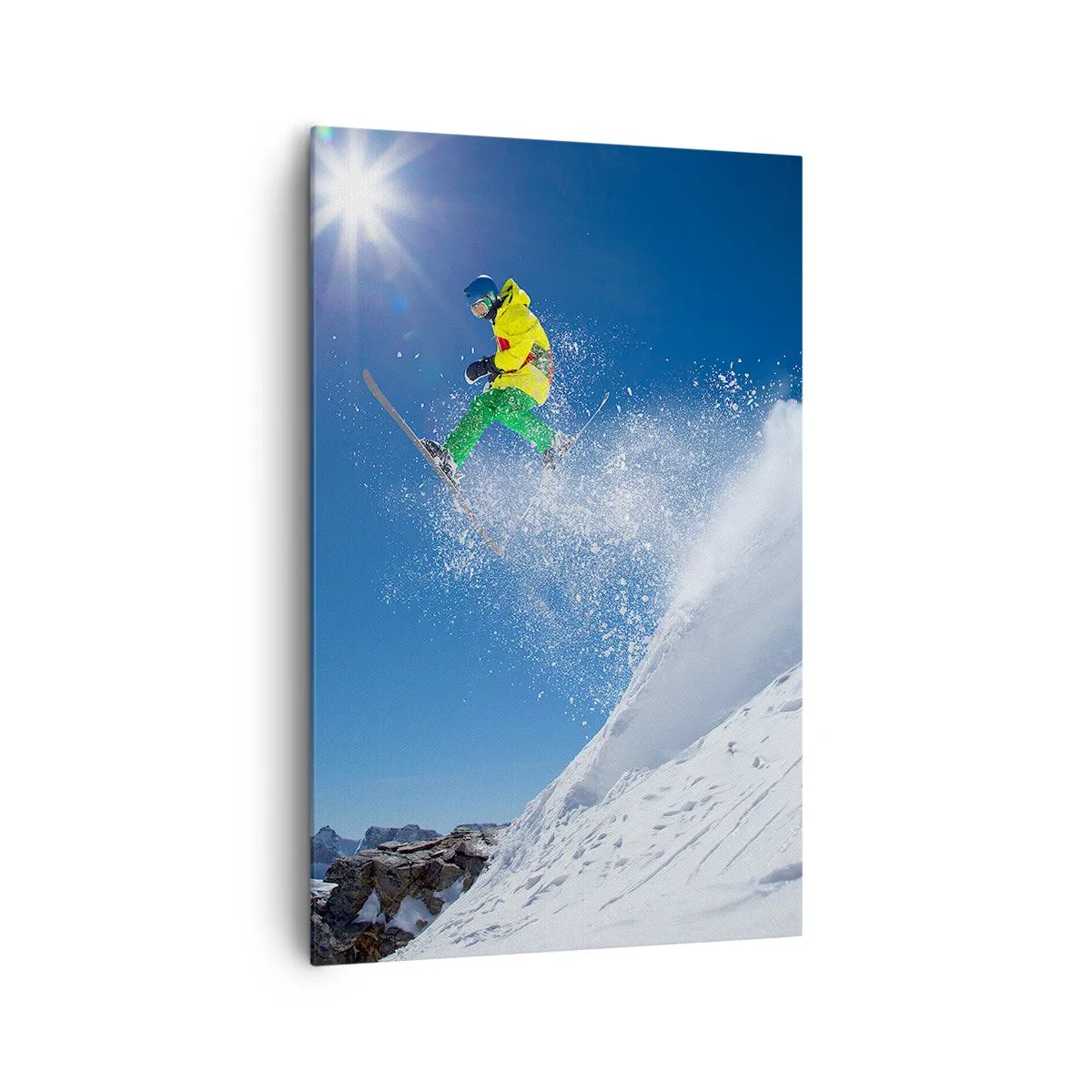 Cuadro sobre lienzo - Impresión de Imagen - Esquiador en el aire con montañas al fondo - 80x120cm - Bailando con las montañas - Decoración de pared moderna para salón y dormitorio ARTTOR