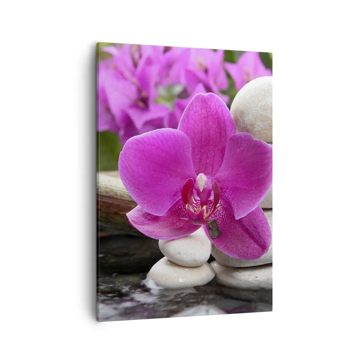 Cuadro sobre lienzo - Impresión de Imagen - Orquídea morada, piedras y bambú con agua en un entorno relajante. - 50x70cm - Ya estás descansando - Decoración de pared moderna para salón y dormitorio ARTTOR