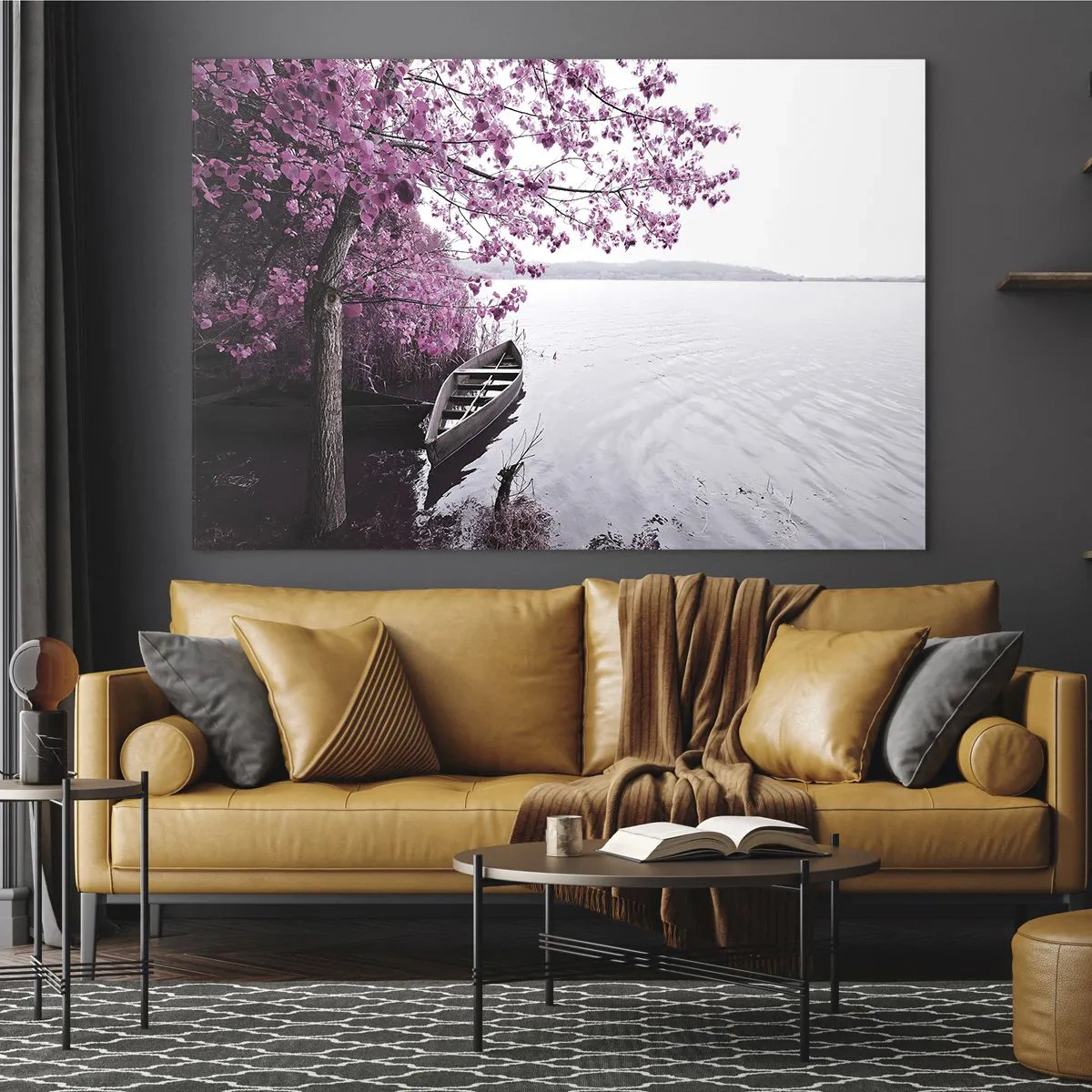 Cuadro sobre vidrio - Impresiones sobre Vidrio - Un barco en la orilla con un árbol rosa sobre el agua. - 70x50cm - En el silencio rosa - Decoración de pared moderna para salón y dormitorio ARTTOR