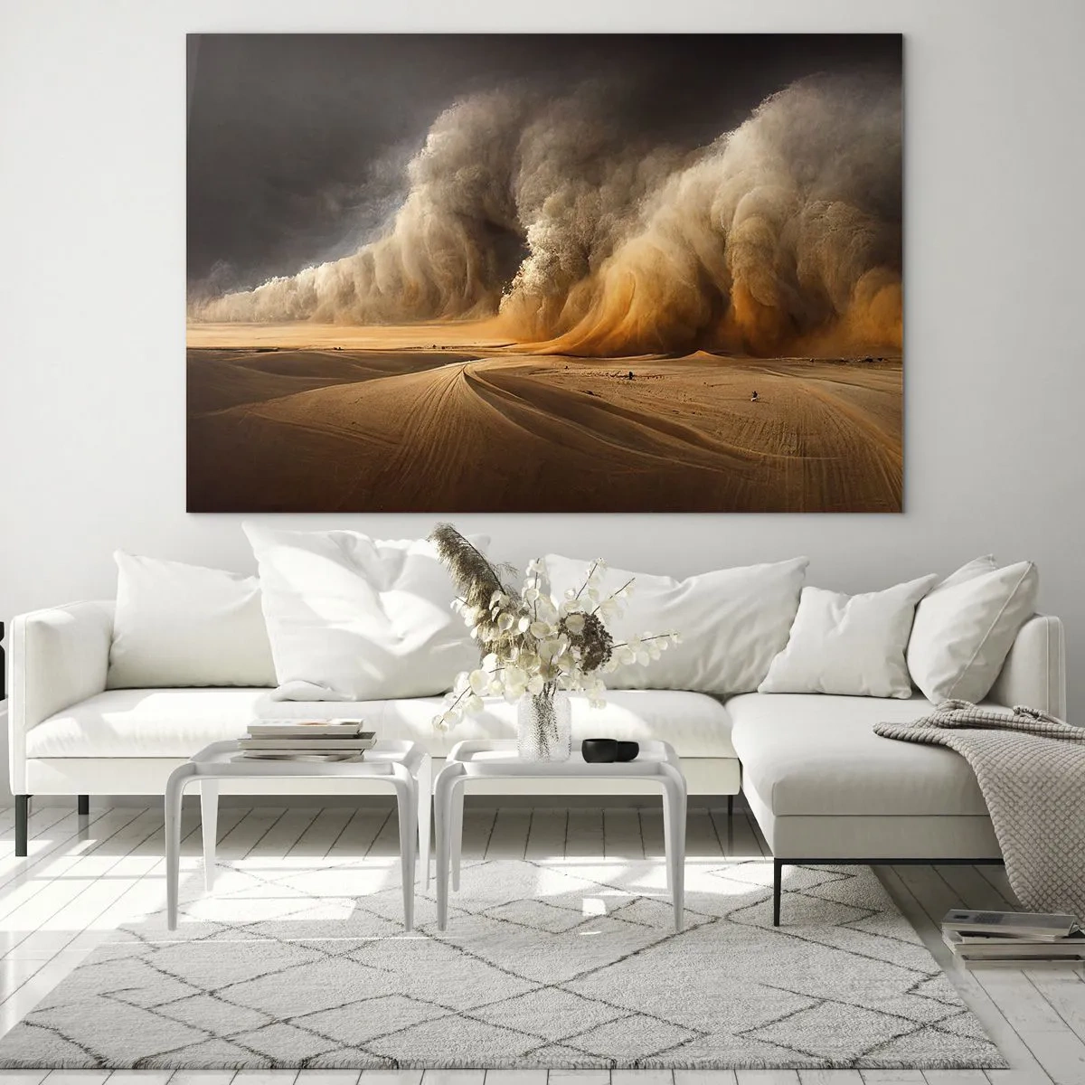 Cuadro sobre vidrio - Impresiones sobre Vidrio - Una tormenta de arena sobre el desierto con una luz dramática - 100x70cm - Ira del desierto - Decoración de pared moderna para salón y dormitorio ARTTOR