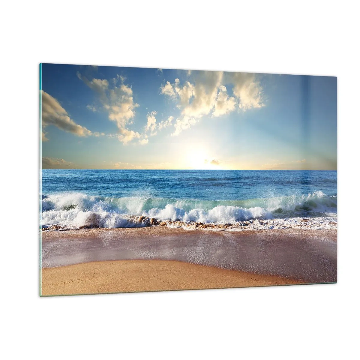 Cuadro sobre vidrio - Impresiones sobre Vidrio - Olas del océano rompiendo en una playa dorada al amanecer - 120x80cm - Movimiento y quietud al mismo tiempo - Decoración de pared moderna para salón y dormitorio ARTTOR