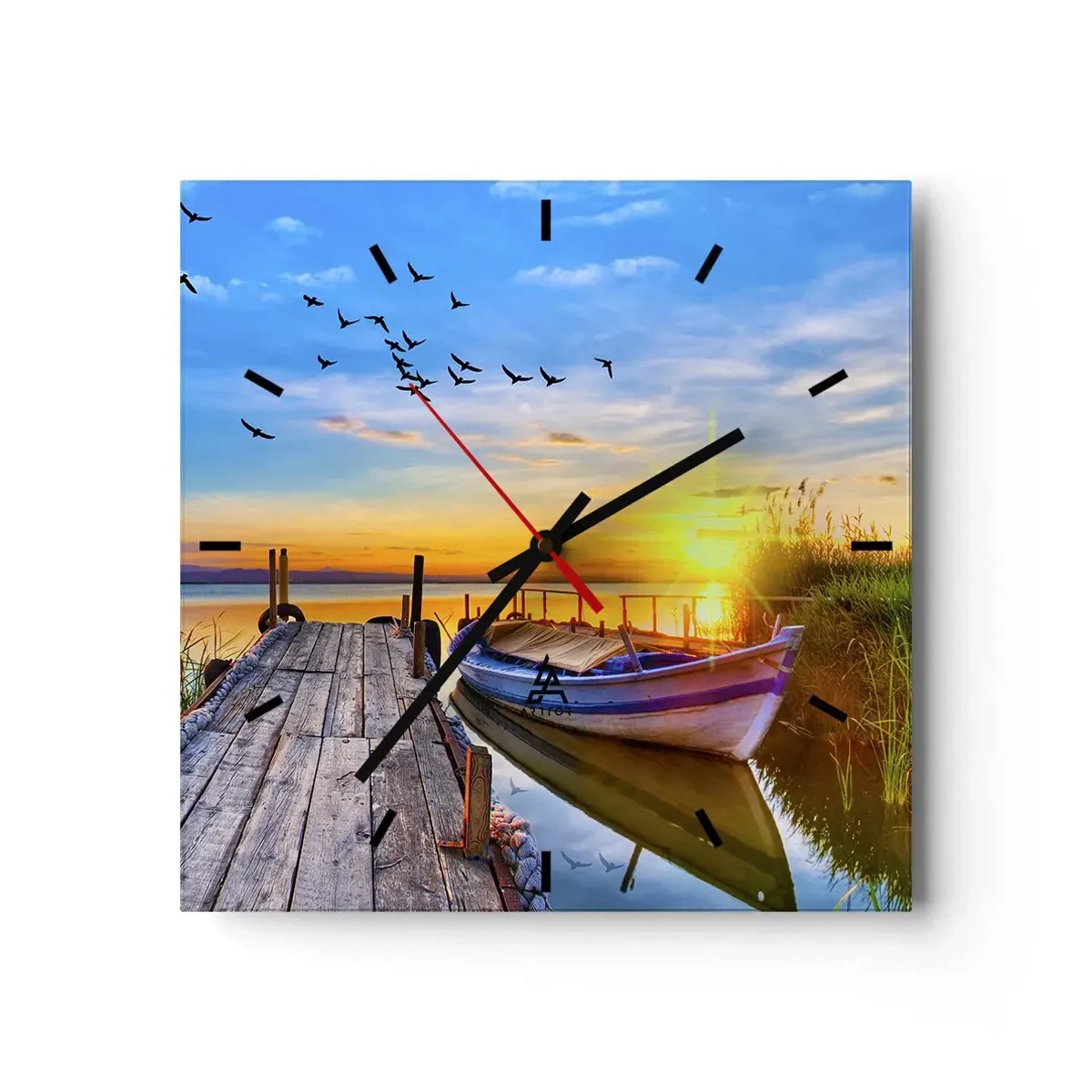 Reloj de pared - Reloj de vidrio - Un barco en un muelle de madera al atardecer. - 30x30cm - Adiós, hasta mañana - Decoración de pared moderna para salón y dormitorio ARTTOR