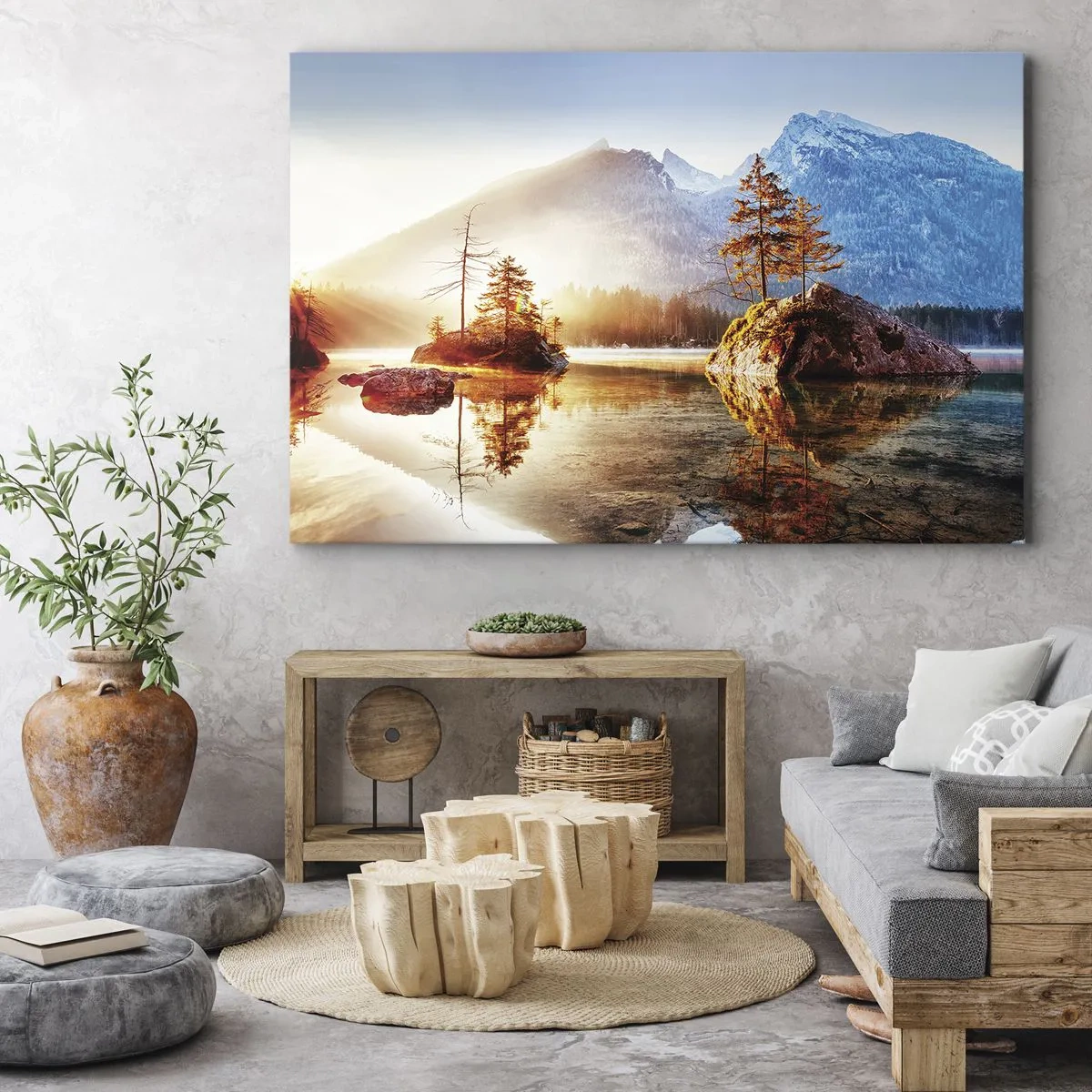 Cuadro sobre lienzo - Impresión de Imagen - Un lago con islas y montañas al fondo al amanecer. - 70x50cm - La naturaleza bajo la luz - Decoración de pared moderna para salón y dormitorio ARTTOR