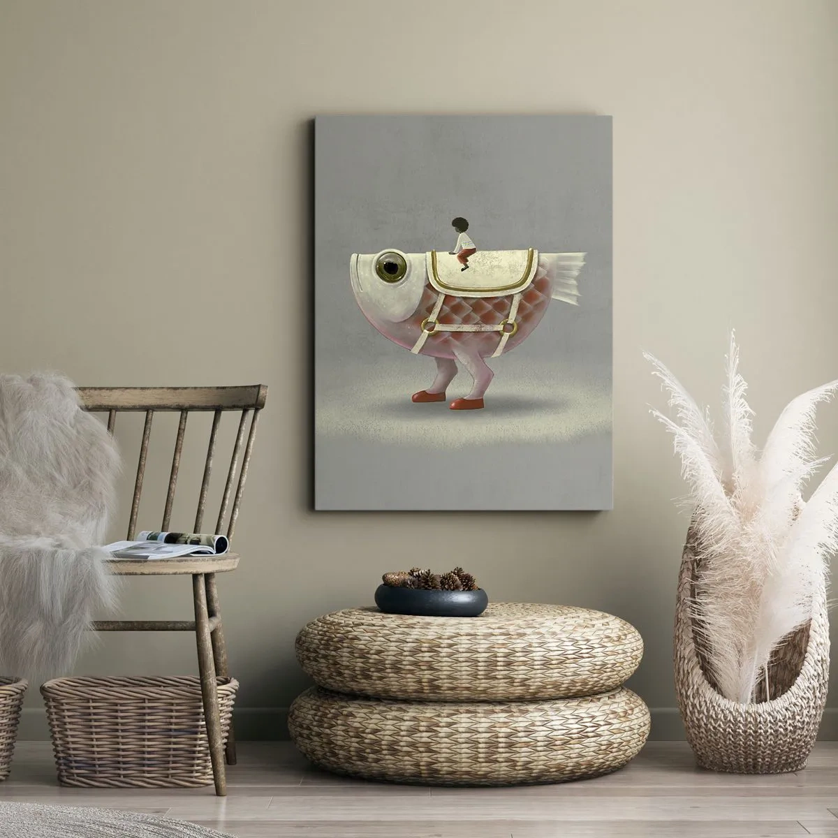 Cuadro sobre lienzo - Impresión de Imagen - Un elegante jinete de pez con piernas y silla de montar. - 50x70cm - Jinete del pescado - Decoración de pared moderna para salón y dormitorio ARTTOR