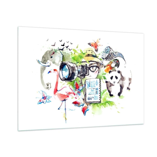 Cuadro sobre vidrio - Impresiones sobre Vidrio - Ilustración de un fotógrafo con una cámara y animales. - 100x70cm - En la objetivo de un viajero - Decoración de pared moderna para salón y dormitorio ARTTOR