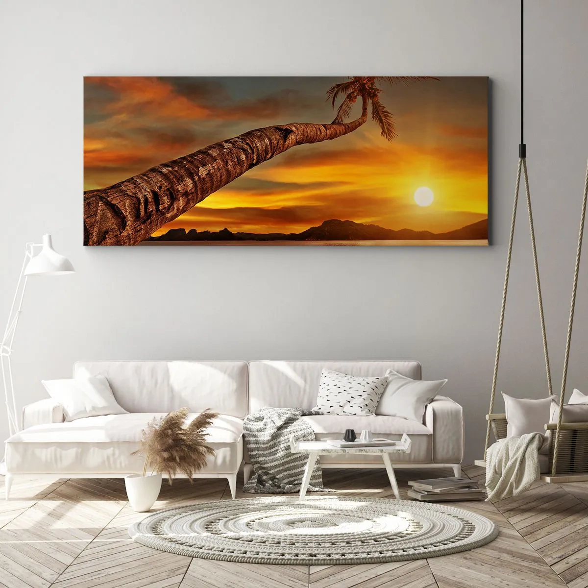 Cuadro sobre lienzo - Impresión de Imagen - Palmera en la playa al atardecer con vistas al mar - 120x50cm - Vacaciones exóticas, aventura en el Caribe - Decoración de pared moderna para salón y dormitorio ARTTOR