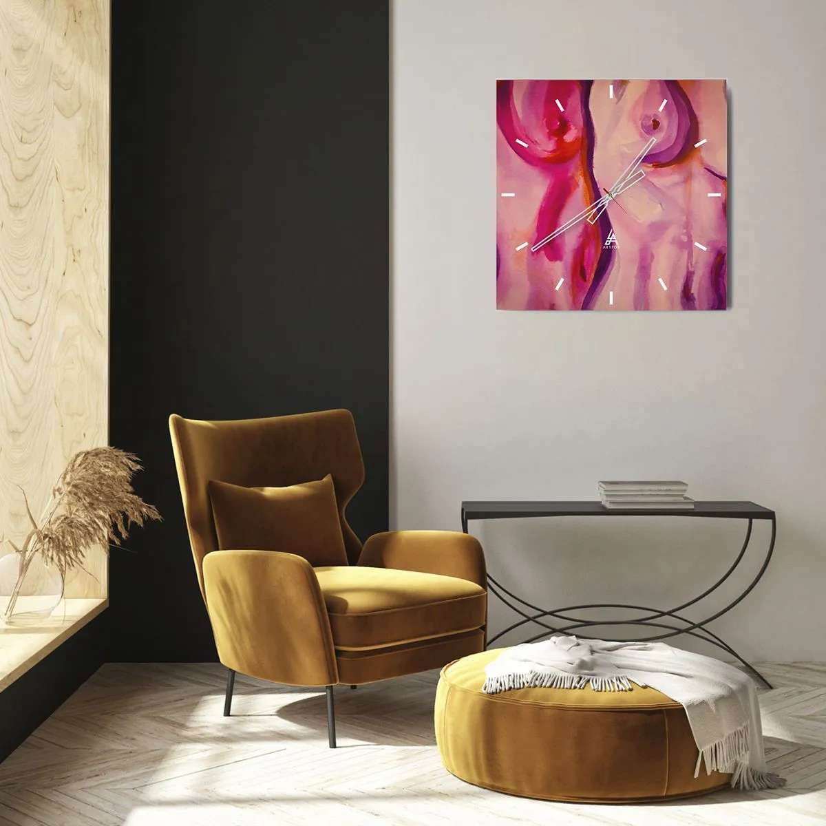 Reloj de pared - Reloj de vidrio - Una interpretación abstracta de la silueta femenina en tonos rosas y morados. - 30x30cm - Una oda a la feminidad - Decoración de pared moderna para salón y dormitorio ARTTOR