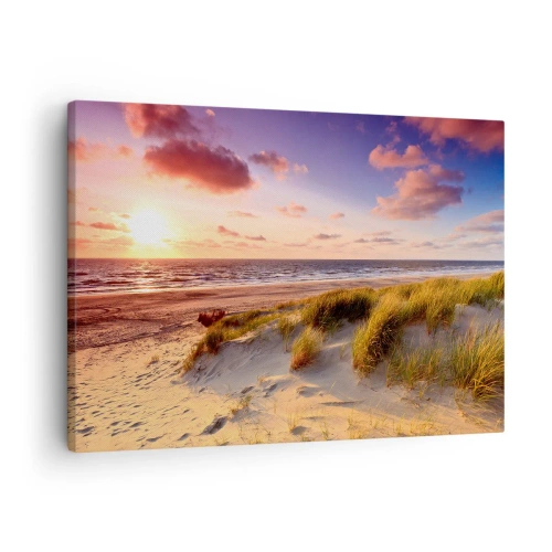 Cuadro sobre lienzo - Impresión de Imagen - Una playa cubierta de hierba y una puesta de sol sobre un mar en calma. - 70x50cm - Se siente la brisa veraniega - Decoración de pared moderna para salón y dormitorio ARTTOR