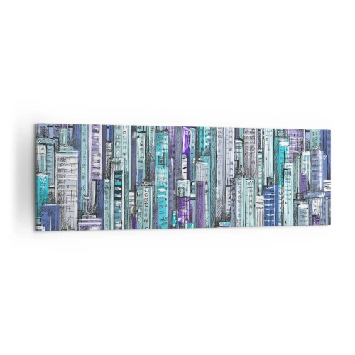 Cuadro sobre lienzo - Impresión de Imagen - Ilustración de una ciudad con edificios geométricos en tonos azules y morados. - 160x50cm - Azul del cielo - Decoración de pared moderna para salón y dormitorio ARTTOR