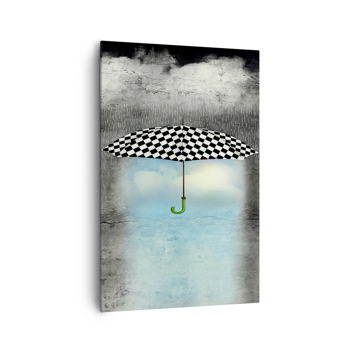 Cuadro sobre lienzo - Impresión de Imagen - Un paraguas a cuadros sobre un paisaje lluvioso. - 80x120cm - Y sin embargo, es posible - Decoración de pared moderna para salón y dormitorio ARTTOR