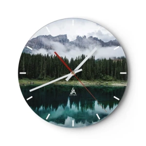 Reloj de pared - Reloj de vidrio - Montañas brumosas y bosques reflejados en un tranquilo lago de montaña - 30x30cm - Calla, calla, no despertemos al agua dormida.... - Decoración de pared moderna para salón, cocina y dormitorio ARTTOR
