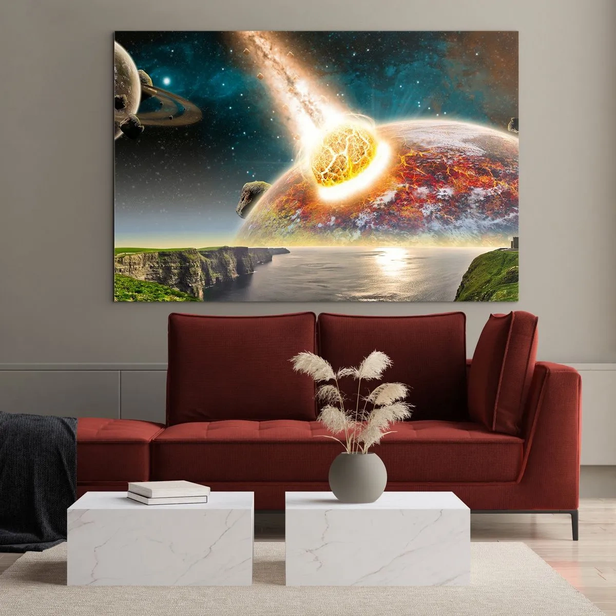 Cuadro sobre vidrio - Impresiones sobre Vidrio - Un meteorito choca con un planeta en el espacio. - 120x80cm - Drama cósmico - Decoración de pared moderna para salón y dormitorio ARTTOR