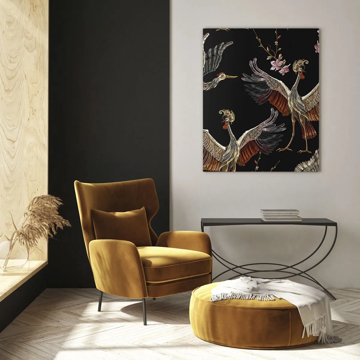 Cuadro sobre vidrio - Impresiones sobre Vidrio - Grullas y flores elegantes sobre un fondo negro. - 80x120cm - Aves de cuento de hadas - Decoración de pared moderna para salón y dormitorio ARTTOR