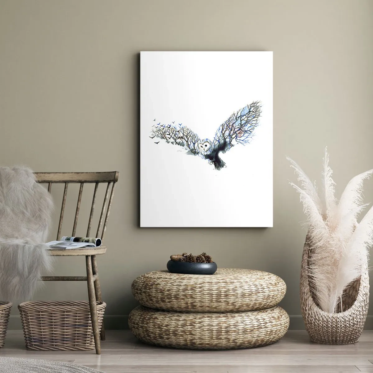 Cuadro sobre lienzo - Impresión de Imagen - Gráfico artístico de un búho con las alas extendidas. - 50x70cm - En las alas del bosque - Decoración de pared moderna para salón y dormitorio ARTTOR