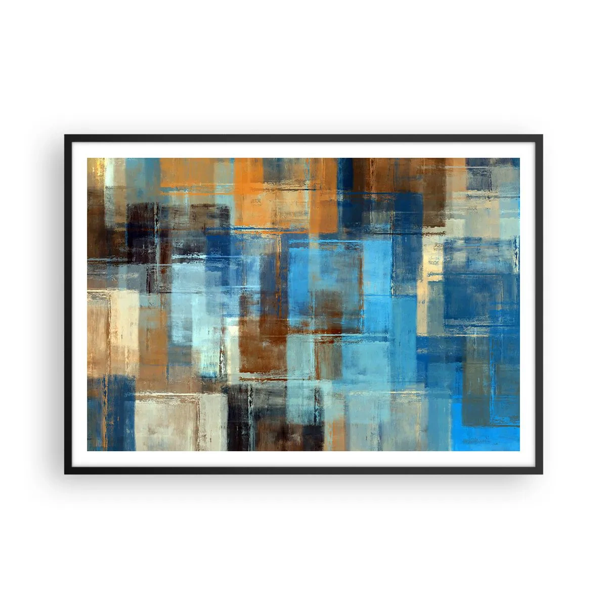 Póster en marco negro - Composición geométrica abstracta en tonos azules y marrones. - 100x70cm - A través del velo azul - Decoración de pared moderna para salón y dormitorio ARTTOR