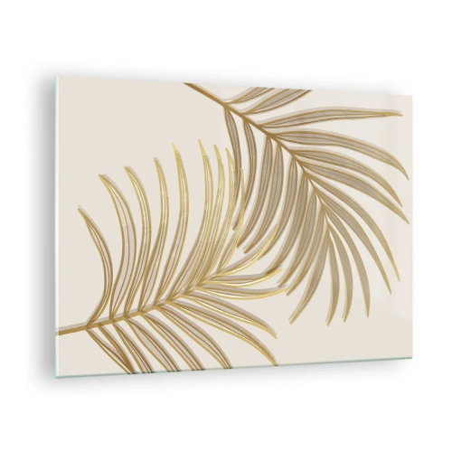 Cuadro sobre vidrio - Impresiones sobre Vidrio - Hojas de palma doradas sobre un fondo claro. - 70x50cm - Palma de Oro - Decoración de pared moderna para salón y dormitorio ARTTOR