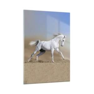 Cuadro sobre vidrio - Impresiones sobre Vidrio - Un caballo blanco galopando por el suelo arenoso. - 50x70cm - El más bello cuento de hadas árabe - Decoración de pared moderna para salón y dormitorio ARTTOR