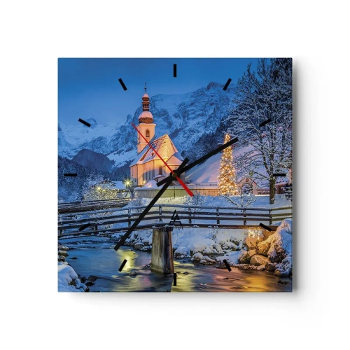 Reloj de pared - Reloj de vidrio - Paisaje invernal con una iglesia, un puente y montañas al atardecer - 30x30cm - El espíritu de la Navidad - Decoración de pared moderna para salón y dormitorio ARTTOR