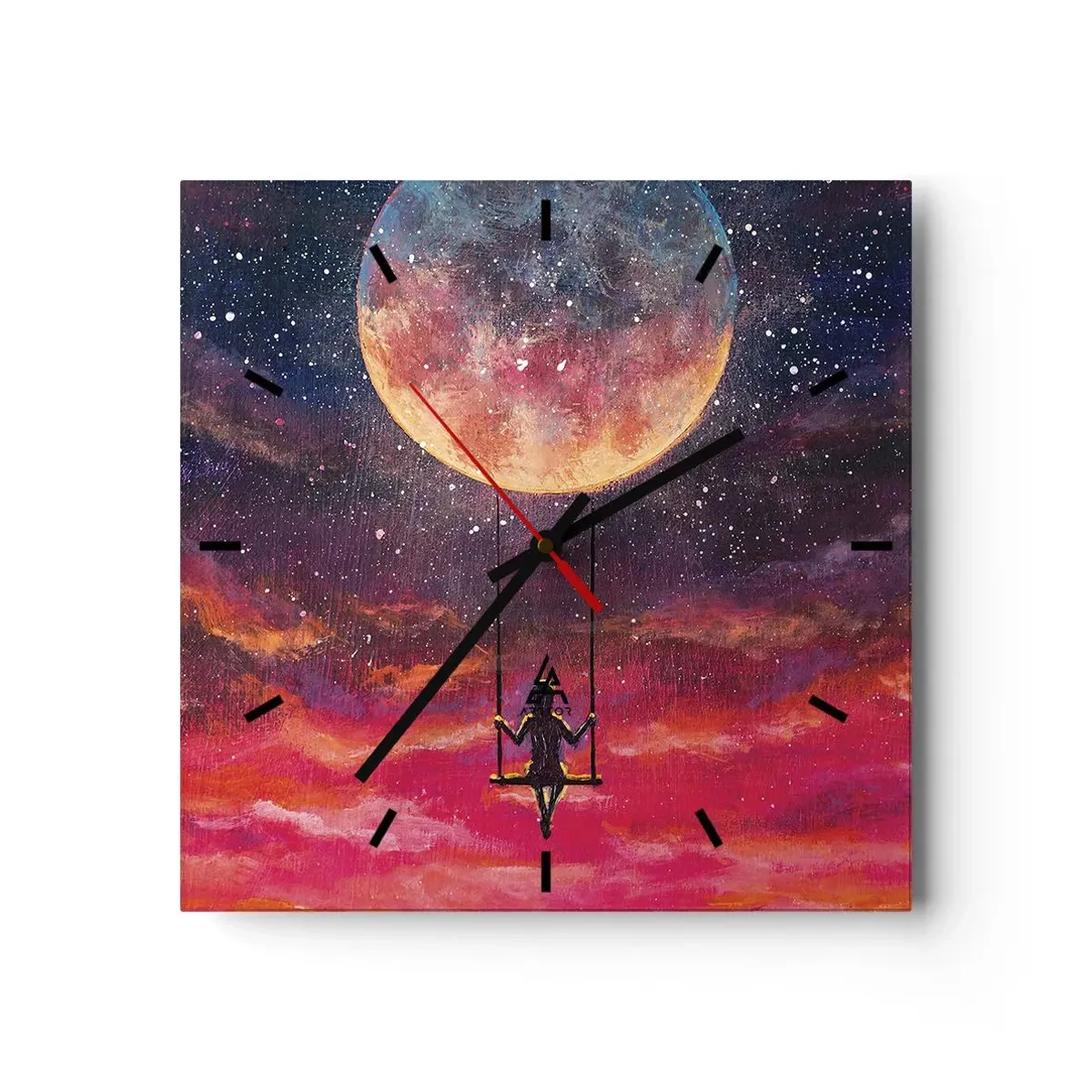 Reloj de pared - Reloj de vidrio - Una figura en un columpio suspendido contra la luna. - 30x30cm - Disfrutar de las nubes - Decoración de pared moderna para salón y dormitorio ARTTOR
