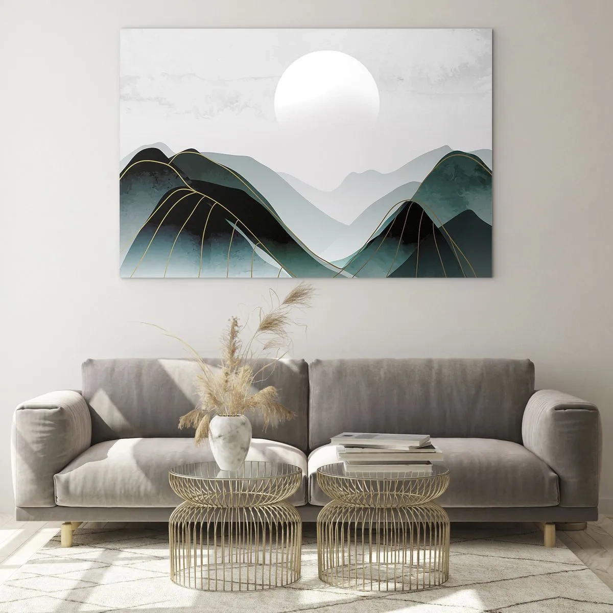 Cuadro sobre vidrio - Impresiones sobre Vidrio - Paisaje de montaña con sol blanco y líneas doradas. - 120x80cm - Con toda la majestuosidad - Decoración de pared moderna para salón y dormitorio ARTTOR