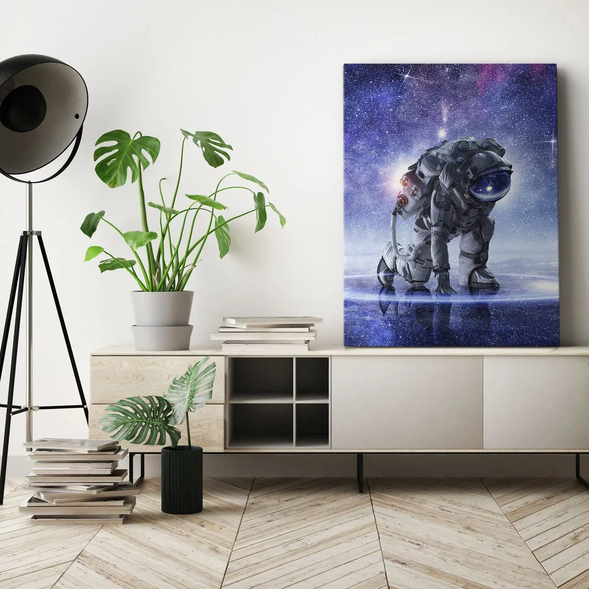 Cuadro sobre lienzo - Impresión de Imagen - Astronauta en un paisaje galáctico - 80x120cm - Cielo estrellado sobre mí - Decoración de pared moderna para salón y dormitorio ARTTOR
